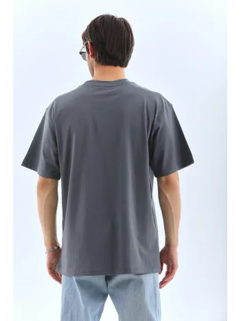 Unisex Oversize Taşlı Bisiklet Yaka T-Shirt - Füme