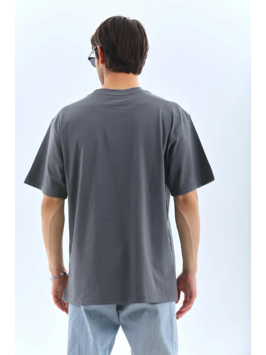 Unisex Oversize Taşlı Bisiklet Yaka T-Shirt - Füme Unisex Oversize Taşlı Bisiklet Yaka T-Shirt - Füme