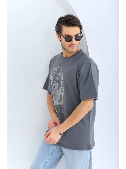 Unisex Oversize Taşlı Bisiklet Yaka T-Shirt - Füme Unisex Oversize Taşlı Bisiklet Yaka T-Shirt - Füme