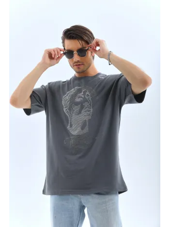 Unisex Oversize Taşlı Bisiklet Yaka T-Shirt - Füme Unisex Oversize Taşlı Bisiklet Yaka T-Shirt - Füme