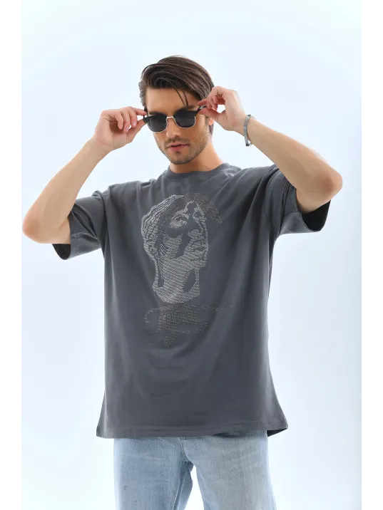 Unisex Oversize Taşlı Bisiklet Yaka T-Shirt - Füme Unisex Oversize Taşlı Bisiklet Yaka T-Shirt - Füme