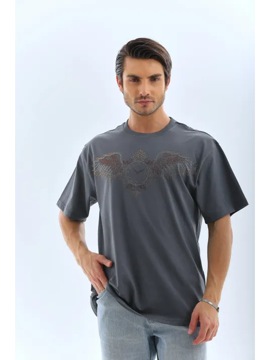 Unisex Oversize Taşlı Bisiklet Yaka T-Shirt - Füme Unisex Oversize Taşlı Bisiklet Yaka T-Shirt - Füme