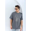 Unisex Oversize Taşlı Bisiklet Yaka T-Shirt - Füme Unisex Oversize Taşlı Bisiklet Yaka T-Shirt - Füme