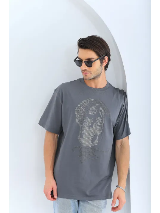 Unisex Oversize Taşlı Bisiklet Yaka T-Shirt - Füme Unisex Oversize Taşlı Bisiklet Yaka T-Shirt - Füme