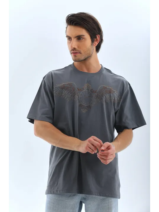 Unisex Oversize Taşlı Bisiklet Yaka T-Shirt - Füme Unisex Oversize Taşlı Bisiklet Yaka T-Shirt - Füme