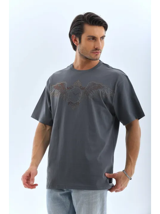 Unisex Oversize Taşlı Bisiklet Yaka T-Shirt - Füme Unisex Oversize Taşlı Bisiklet Yaka T-Shirt - Füme