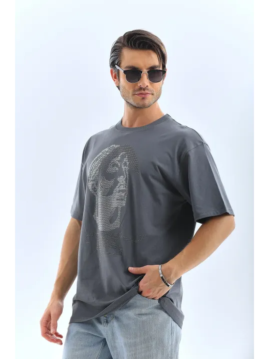 Unisex Oversize Taşlı Bisiklet Yaka T-Shirt - Füme Unisex Oversize Taşlı Bisiklet Yaka T-Shirt - Füme