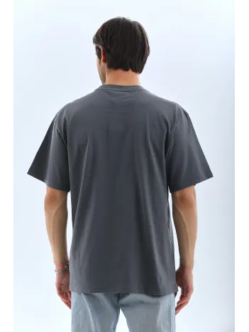 Unisex Oversize Taşlı Bisiklet Yaka T-Shirt - Füme