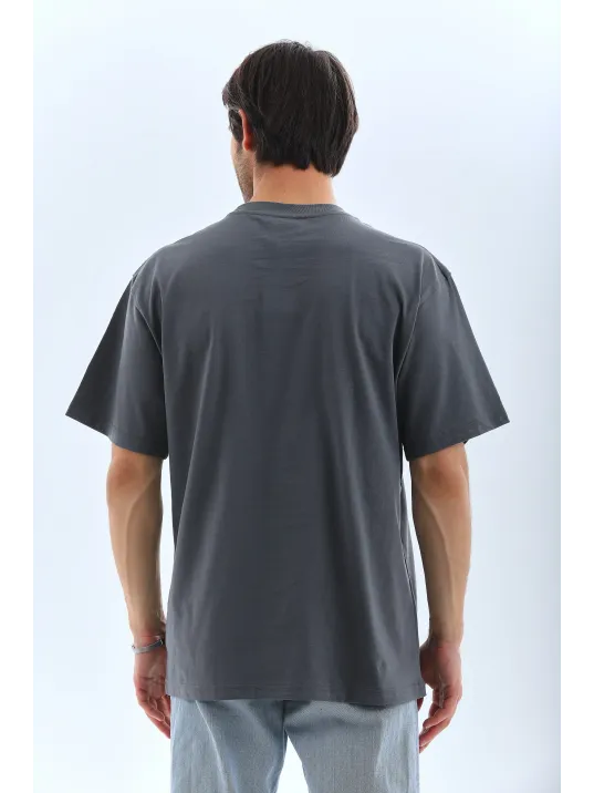 Unisex Oversize Taşlı Bisiklet Yaka T-Shirt - Füme Unisex Oversize Taşlı Bisiklet Yaka T-Shirt - Füme