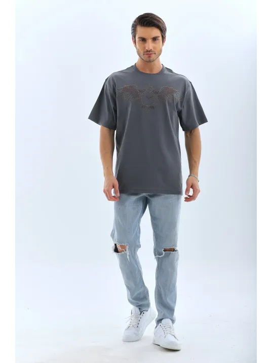 Unisex Oversize Taşlı Bisiklet Yaka T-Shirt - Füme Unisex Oversize Taşlı Bisiklet Yaka T-Shirt - Füme