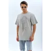 Unisex Oversize Taşlı Bisiklet Yaka T-Shirt - Gri Unisex Oversize Taşlı Bisiklet Yaka T-Shirt - Gri