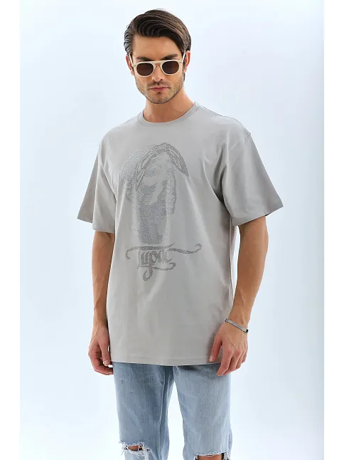 Unisex Oversize Taşlı Bisiklet Yaka T-shirt - Gri