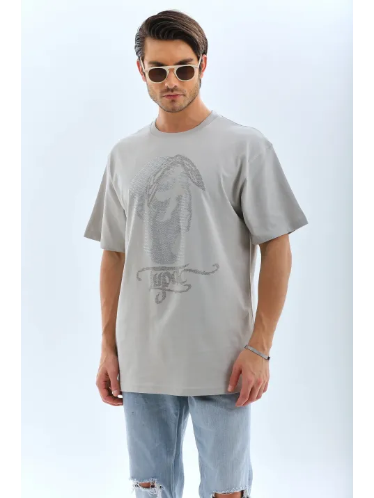 Unisex Oversize Taşlı Bisiklet Yaka T-Shirt - Gri Unisex Oversize Taşlı Bisiklet Yaka T-Shirt - Gri