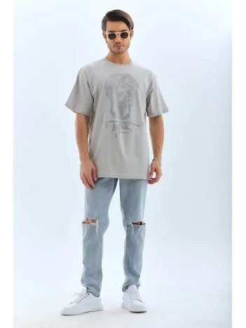 Unisex Oversize Taşlı Bisiklet Yaka T-Shirt - Gri Unisex Oversize Taşlı Bisiklet Yaka T-Shirt - Gri
