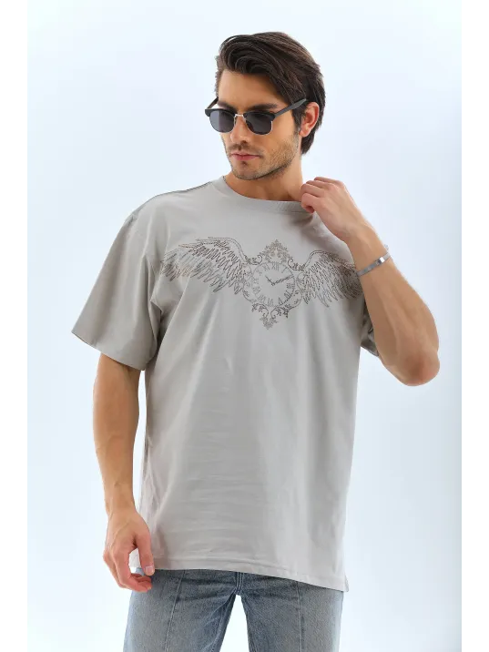 Unisex Oversize Taşlı Bisiklet Yaka T-Shirt - Gri Unisex Oversize Taşlı Bisiklet Yaka T-Shirt - Gri