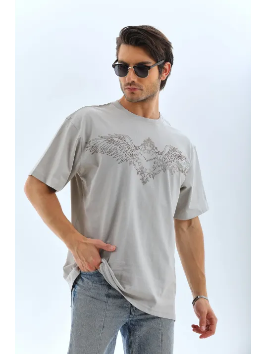 Unisex Oversize Taşlı Bisiklet Yaka T-Shirt - Gri Unisex Oversize Taşlı Bisiklet Yaka T-Shirt - Gri