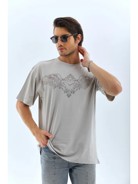 Unisex Oversize Taşlı Bisiklet Yaka T-Shirt - Gri Unisex Oversize Taşlı Bisiklet Yaka T-Shirt - Gri
