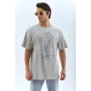 Unisex Oversize Taşlı Bisiklet Yaka T-Shirt - Gri Unisex Oversize Taşlı Bisiklet Yaka T-Shirt - Gri