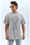 Unisex Oversize Taşlı Bisiklet Yaka T-shirt - Gri
