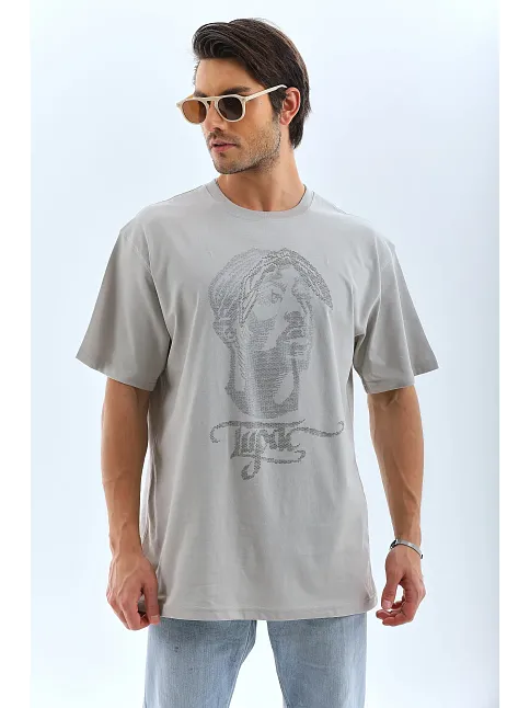 Unisex Oversize Taşlı Bisiklet Yaka T-shirt - Gri