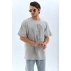 Unisex Oversize Taşlı Bisiklet Yaka T-Shirt - Gri Unisex Oversize Taşlı Bisiklet Yaka T-Shirt - Gri