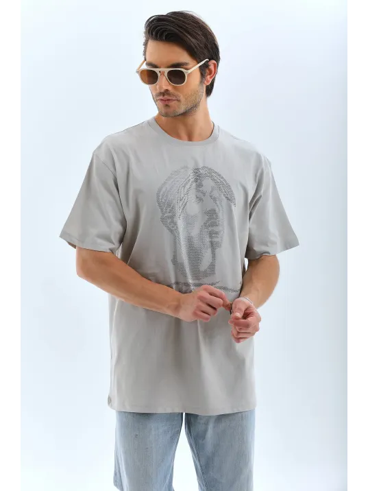 Unisex Oversize Taşlı Bisiklet Yaka T-Shirt - Gri Unisex Oversize Taşlı Bisiklet Yaka T-Shirt - Gri