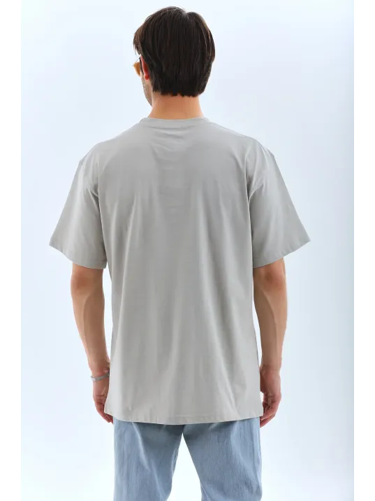 Unisex Oversize Taşlı Bisiklet Yaka T-Shirt - Gri Unisex Oversize Taşlı Bisiklet Yaka T-Shirt - Gri