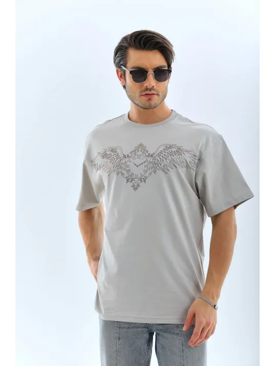 Unisex Oversize Taşlı Bisiklet Yaka T-Shirt - Gri Unisex Oversize Taşlı Bisiklet Yaka T-Shirt - Gri