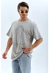 Unisex Oversize Taşlı Bisiklet Yaka T-shirt - Gri