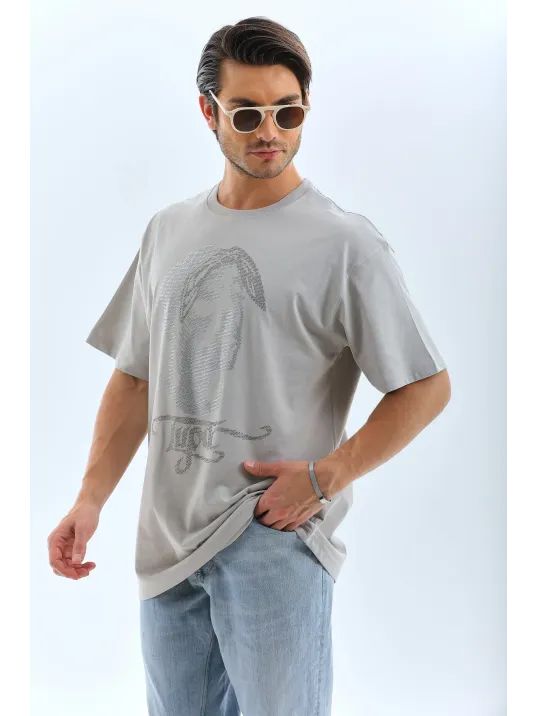 Unisex Oversize Taşlı Bisiklet Yaka T-Shirt - Gri Unisex Oversize Taşlı Bisiklet Yaka T-Shirt - Gri