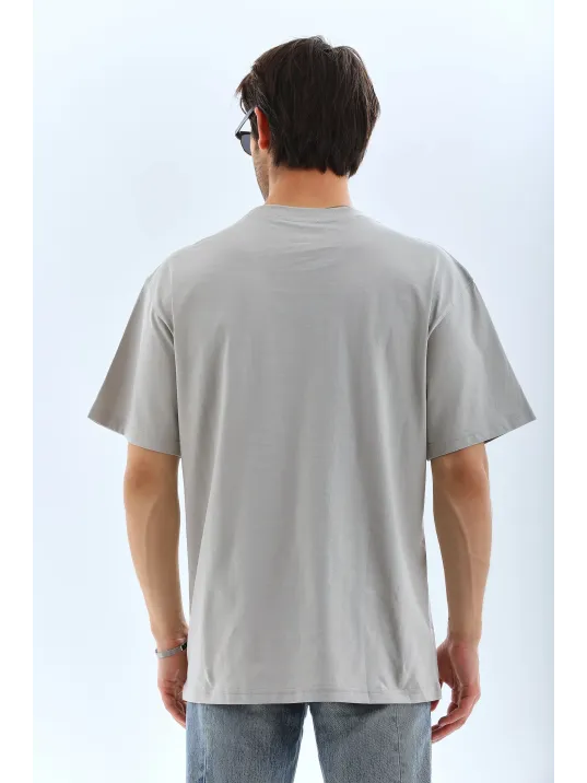 Unisex Oversize Taşlı Bisiklet Yaka T-Shirt - Gri Unisex Oversize Taşlı Bisiklet Yaka T-Shirt - Gri