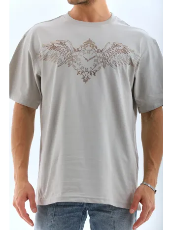 Unisex Oversize Taşlı Bisiklet Yaka T-Shirt - Gri Unisex Oversize Taşlı Bisiklet Yaka T-Shirt - Gri