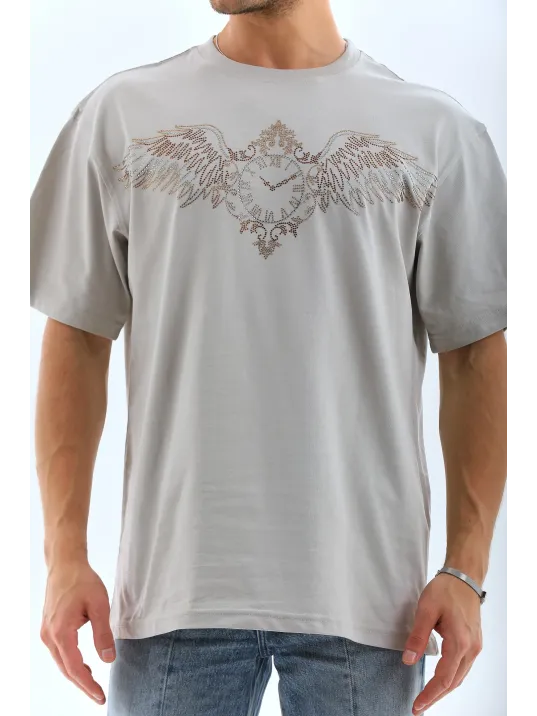 Unisex Oversize Taşlı Bisiklet Yaka T-Shirt - Gri Unisex Oversize Taşlı Bisiklet Yaka T-Shirt - Gri