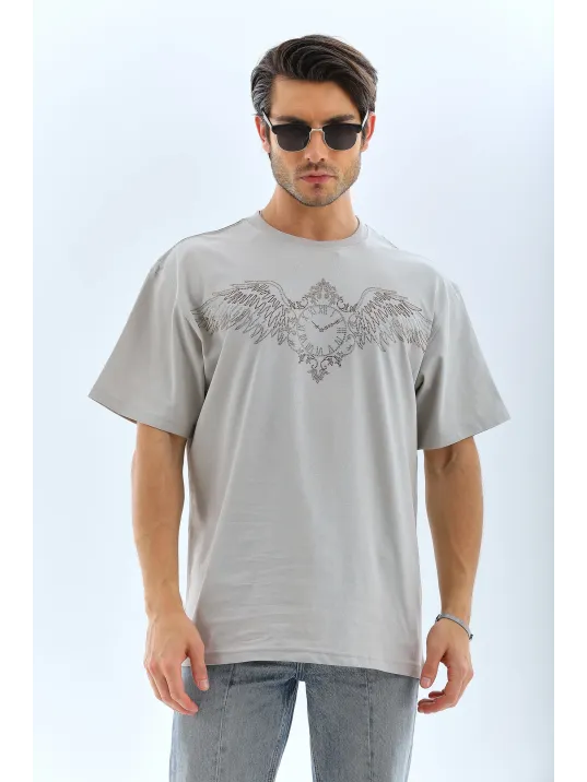 Unisex Oversize Taşlı Bisiklet Yaka T-Shirt - Gri Unisex Oversize Taşlı Bisiklet Yaka T-Shirt - Gri