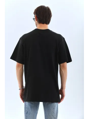 Unisex Oversize Taşlı Bisiklet Yaka T-Shirt - Siyah