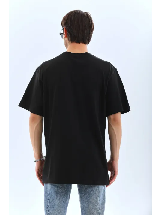 Unisex Oversize Taşlı Bisiklet Yaka T-Shirt - Siyah