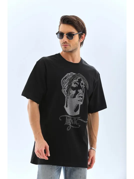 Unisex Oversize Taşlı Bisiklet Yaka T-Shirt - Siyah