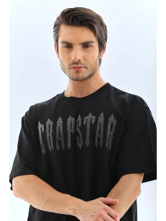 Unisex Oversize Taşlı Bisiklet Yaka T-Shirt - Siyah