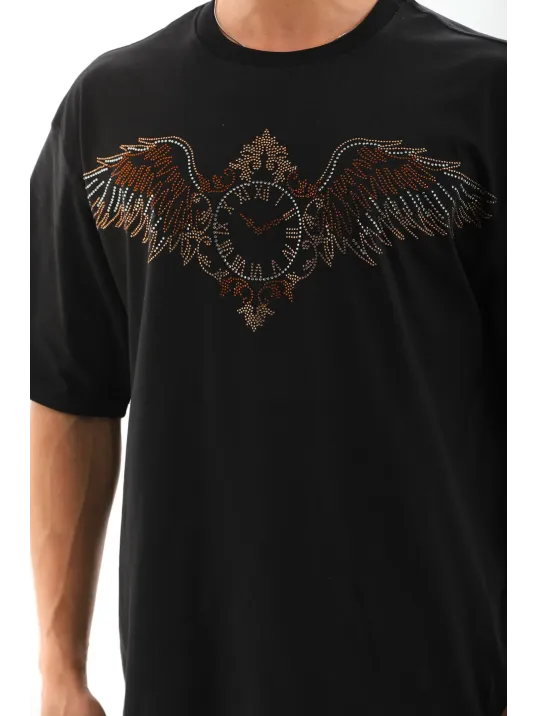 Unisex Oversize Taşlı Bisiklet Yaka T-Shirt - Siyah Unisex Oversize Taşlı Bisiklet Yaka T-Shirt - Siyah