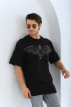 Unisex Oversize Taşlı Bisiklet Yaka T-shirt - Siyah