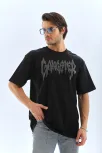 Unisex Oversize Taşlı Bisiklet Yaka T-shirt - Siyah Unisex Oversize Taşlı Bisiklet Yaka T-shirt - Siyah
