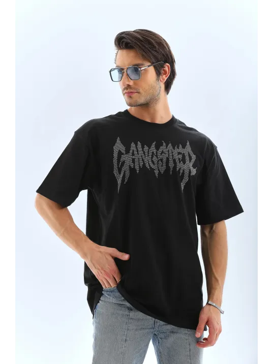Unisex Oversize Taşlı Bisiklet Yaka T-Shirt - Siyah Unisex Oversize Taşlı Bisiklet Yaka T-Shirt - Siyah