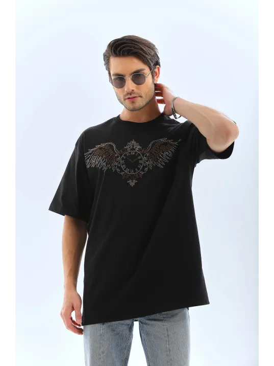 Unisex Oversize Taşlı Bisiklet Yaka T-Shirt - Siyah