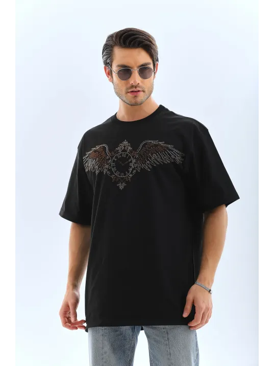 Unisex Oversize Taşlı Bisiklet Yaka T-Shirt - Siyah