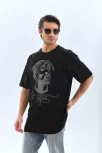 Unisex Oversize Taşlı Bisiklet Yaka T-shirt - Siyah