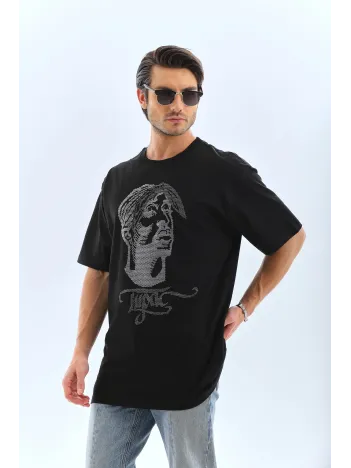 Unisex Oversize Taşlı Bisiklet Yaka T-Shirt - Siyah Unisex Oversize Taşlı Bisiklet Yaka T-Shirt - Siyah