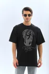 Unisex Oversize Taşlı Bisiklet Yaka T-shirt - Siyah