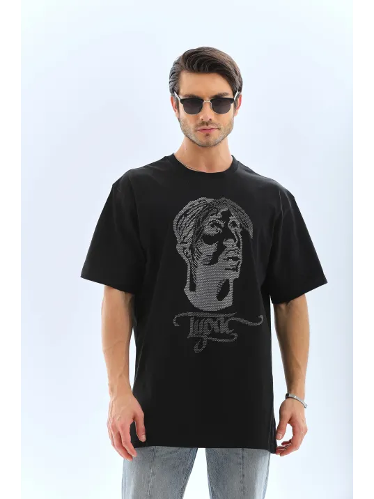 Unisex Oversize Taşlı Bisiklet Yaka T-Shirt - Siyah