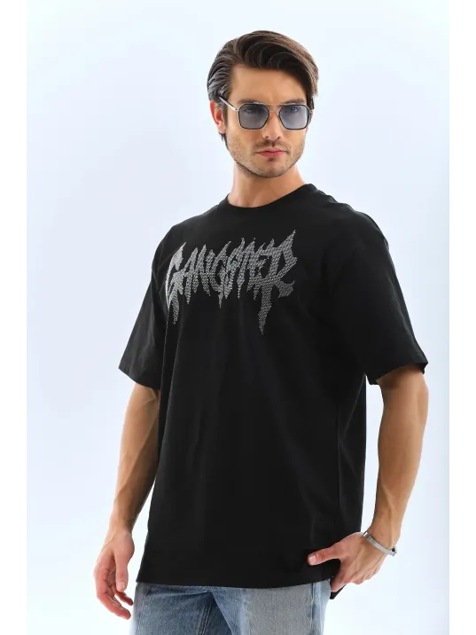 Unisex Oversize Taşlı Bisiklet Yaka T-Shirt - Siyah Unisex Oversize Taşlı Bisiklet Yaka T-Shirt - Siyah