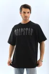 Unisex Oversize Taşlı Bisiklet Yaka T-shirt - Siyah Unisex Oversize Taşlı Bisiklet Yaka T-shirt - Siyah